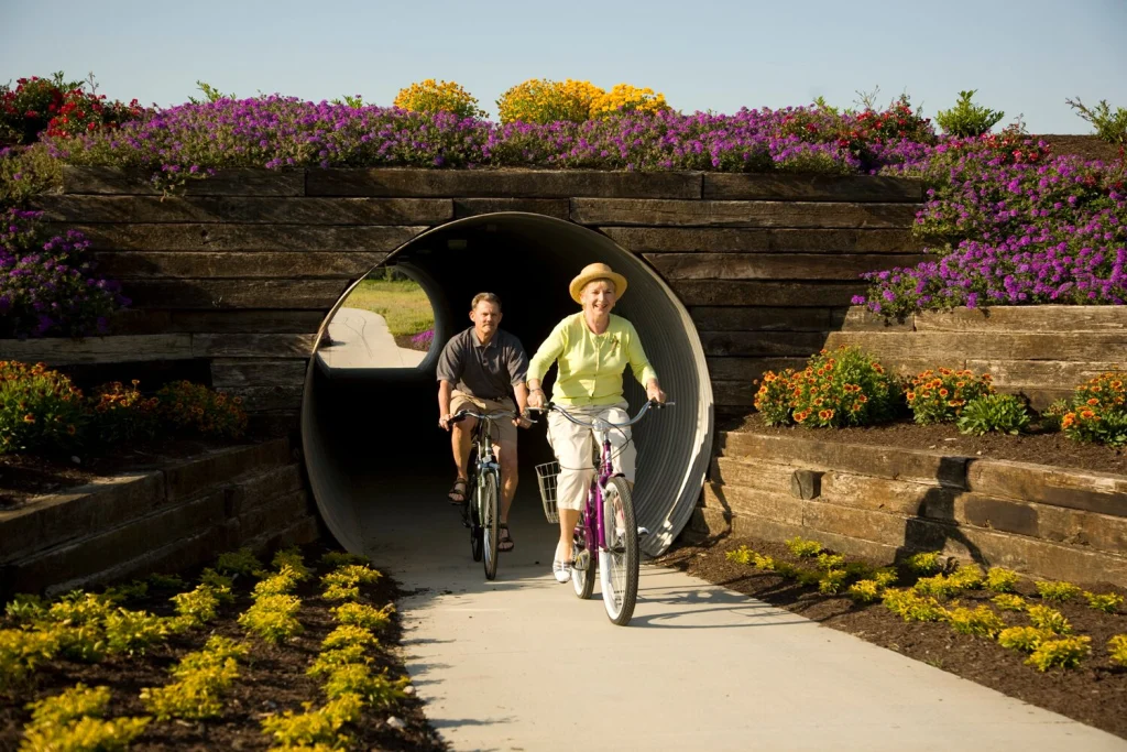 A couple on bicycles riding out of a pedestrian tunnel between flower-covered walls